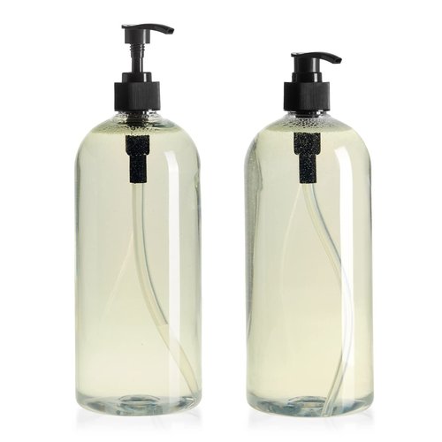 Okuna Outpost Refillable Shampoo & Conditioner Pump Bottles - 34 Oz Shampoo Pump Bottles - Non-Spill Saves Waste & Body Wash Dispenser - Hand Soap & Lotion Dispensers - Pack of 4, Clear/Black Top
