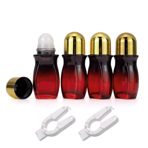 Newzoll 4 Pack 50mL Glass Roller Bottles for Deodorant, Essential Oil Roll On Bottles, Leak-Proof Refillable Rollerball Containers, Travel DIY Perfume Applicator, Black Red Gradient with Golden Caps