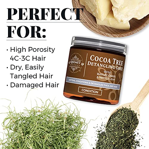 Qhemet Biologics Cocoa Tree Detangling Ghee - Softening Detangler Ideal for High Porosity 4C-3C Hair - Makes Combing Easier & Restores Pliability, Elasticity & Softness to Dry, Matted Hair (9 oz)
