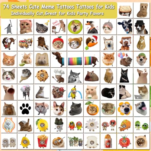 Cute Cat Meme Temporary Tattoos - 74 Individually Sheets Funny Animals Meme Tattoos for Birthday Decorations Party Supplies, School Rewards Gifts Ideas for Girls Boys