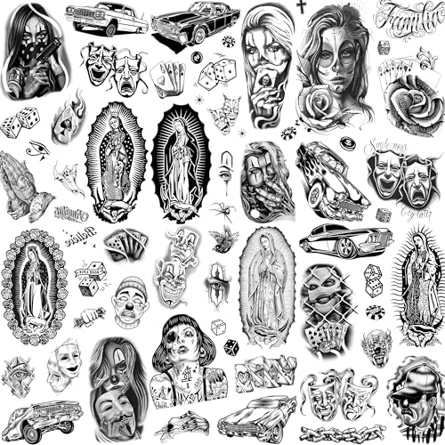 6 Sheets Large Chicano Temporary Tattoos For Men Women Adult, Chicana Guadalupe Gangster Fake Tattoos Prisoner Day of the Dead, Halloween Mexico Tattoo Stickers, Tatuajes Temporales Autocolante