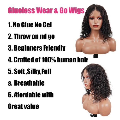 Glueless Wigs Human Hair Pre Plucked Pre Cut Wear and Go Glueless Wig for Beginners Bob Wig Human Hair 180% Density Deep Wave Curly Lace Front Wig 12 Inches Natural Black