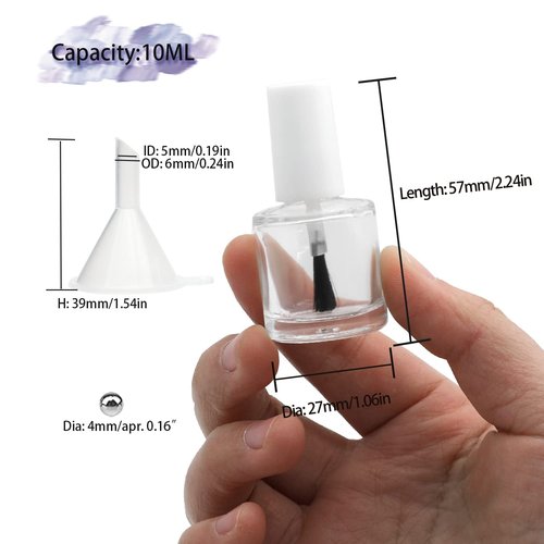 Agidea 6PCS Empty Nail Polish Bottles with Brush White Cap, 10ML Empty Clear Glass Refillable Nail Fingernail Polish Bottles Circle with mixing beads & Funnels, 0.35 OZ