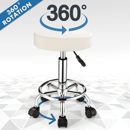 FNZIR Adjustable Stool with Wheels, Modern Round Rolling Stool for Spa Salon Massage Office, White PU Leather Seat, 250 lbs Capacity