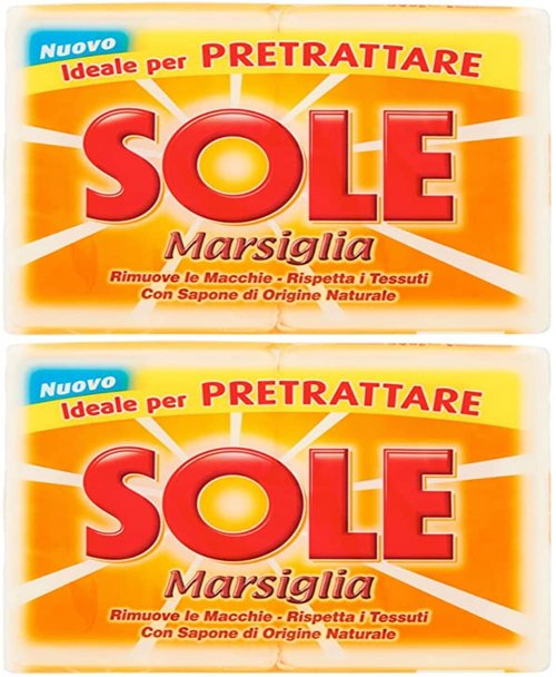 Sole:"Sole Marsiglia" Marseille Laundry Soap for Pre-Treating 8.8 Ounce (250gr) Soaps (Pack of 4) [ Italian Import ]