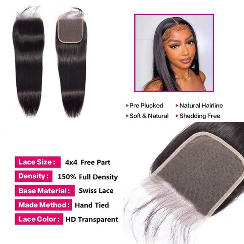 HD Brazilian Virgin Hair - 4x4 Straight Lace Closure, 18 Inch, Free Part, Pre Plucked with Baby Hair