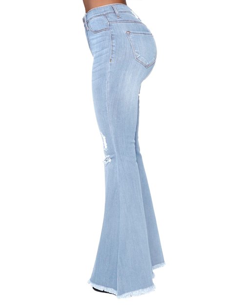 Women Destoryed Flare Jeans Elastic Waist Ripped Bell Bottom Raw Hem Stretch Denim Pants (Light Blue, Small)
