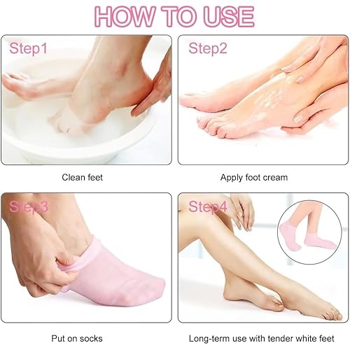 4 Pairs Silicone Moisturizing Glove Socks Set for Dry Cracked Feet and Hands, Anti Slip Spa Socks Women Gel Pedicure Socks for Foot Hand Softening Foot Care After Pedicure