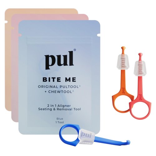 PUL Pack of 3 Reusable 2-in-1 Aligner Seating Chewie & Removal Tool — Compatible with Invisalign, Removable Braces, Retainers, Trays – Easy-to-Use Remover & Chew, Dental, Oral – Pink, Orange, Blue.