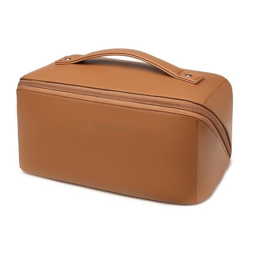zaleeta Travel Makeup Bag, Large Capacity Cosmetic Organizer Bags for Women, Waterproof PU Leather Toiletry Bags, Wide Open Flat Makeup Case with Divider and Handle