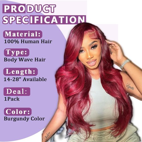 99J Burgundy Human Hair Bundles Body Wave 24 Inch 12A Wine Red Double Weft Brazilian Bundles Human Hair Extensions 1 Pack