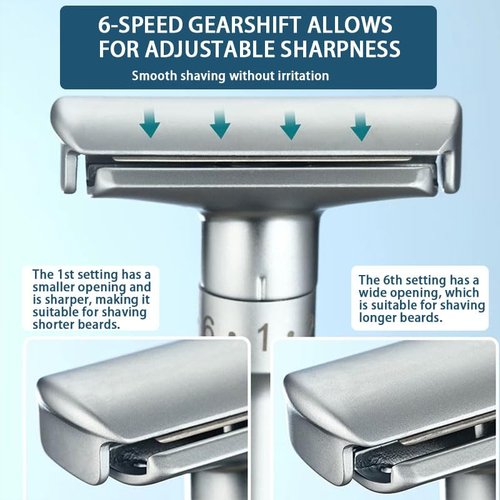 6-speed adjustable dual-blade safety razor with 10 platinum-coated stainless steel blades. Includes optional stand. Comes with complimentary travel pouch. (Silver)
