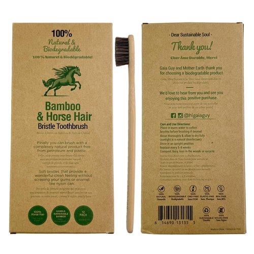 Gaia Guy Soft Natural Bristle Bamboo Toothbrush (NO Nylon - Horse Hair ONLY) - Totally Compostable & Biodegradable Soft Horsehair Bristle and Bamboo Toothbrushes - Zero Waste & Plastic-Free