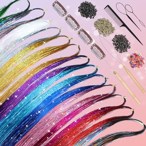 Hair Tinsel, 18 Colors 7800 Strands 48 Inch Glitter Tinsel Hair Extensions Kit Heat Resistant Daily Use Festivals Shiny Fairy Hair Accessories for Girls Kids Women (18 Colors)
