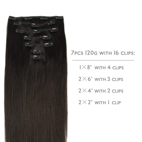 WENNALIFE Clip in Hair Extensions Real Human Hair, 18 Inch 120g 7pcs Human Hair Extensions Clip Ins, Dark Brown Coloured Remy Hair