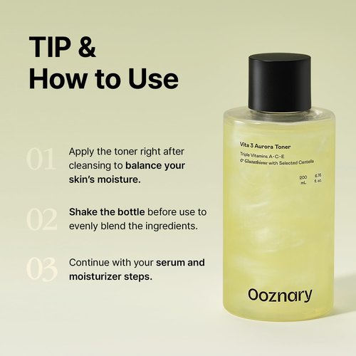 Ooznary Vita 3 Aurora Toner with Vitamin ACE and Triple Centella and Sea Buckthorn Water for Radiant Glow & Extra Hydration | Korean Skin Care | 6.76 fl.oz 200ml