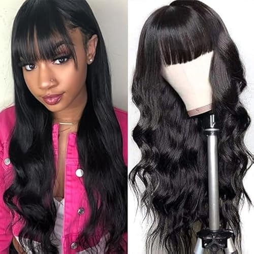 Body Wave Wigs with Bangs Human Hair Wigs for Black Women 1x3Inch Lace Front Wigs 150% Density Brazilian Virgin Hair Glueless Wig Natural Color (26INCH)
