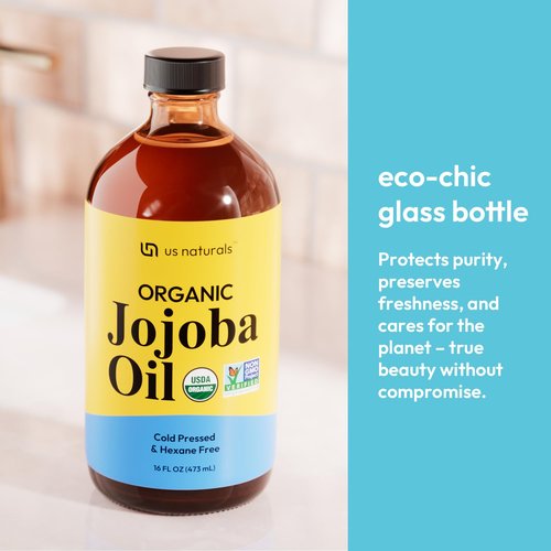 Us Naturals 16oz Organic Jojoba Oil – Glass Bottle – USDA Certified Organic & Non-GMO – 100% Pure, Cold-pressed, Unrefined, Hexane-free – Premium Glow-Boosting Oil