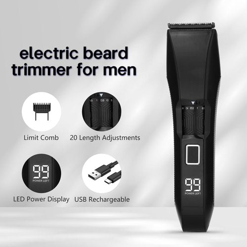 Beatslm Men's Beard Trimmer, 20 Length Adjustable, IPX7 Waterproof Cordless Hair Clipper, Stainless Steel T-Blade for Precision Facial Hair Trimming for Men, LED Display(Black)