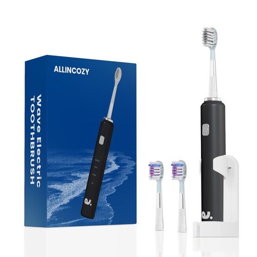 New Wave Oscillating Electric Toothbrush, Vibrating Wave Oral Brush, IPX7 Waterproof, Type-C, Gifts for Adults and Kids, Includes 3 Brush Heads and Wall Mount Bracket, Black