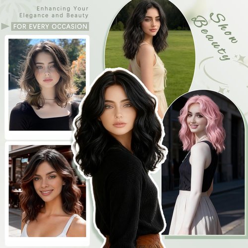 GUDOZO Short Wavy Wig for Women 14Inch Shoulder Length Curly Wavy Bob Synthetic Heat Resistant Fiber Wigs for Daily Party Use Black Mix Brown