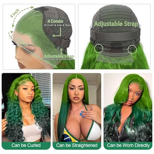 13x4 Ombre Green Lace Front Wig Human Hair Body Wave Glueless HD Lace Front Wigs 3 Tone Light Green to Dark Green Colored for Fashion Women 180% Density 22 Inch