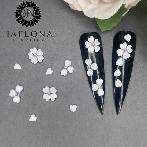 Set White Heart 3D Flowers for Nails, Handmade 3D Acrylic Flowers for Nails, Small Flower Nail Charms Rhinestones Gems by Acrylic Powder Design Deco Nail Art Women Girls (White Heart)