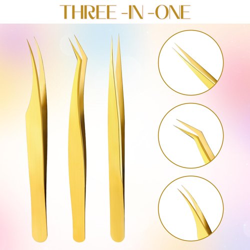 3 PCS Lash Tweezers for Eyelash Extensions, High Precision Gold Metal Tweezers Set Fiber Tip and Curved Isolation Tweezers Eyelash Extension Tools for Women Volume Lash, Crafting, Jewelry Making