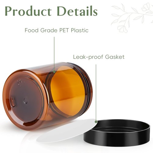 Qeirudu 8 oz Amber Plastic Jars with Lids and Labels, 12 Pack Empty Brown Body Butter Containers for Body Scrub, Cosmetic Beauty Products, Creams and Lotion