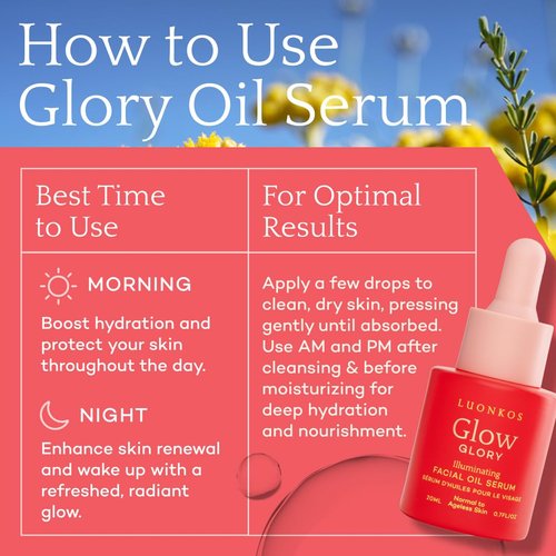 LUONKOS Glory Face Serum, Oil-Based Alternative to Vitamin C Facial Serum- Fast Absorbing Serum with Vitamin E, Almond Oil, Squalane, Rose Extracts - For Normal to Ageless Skin - 20ml