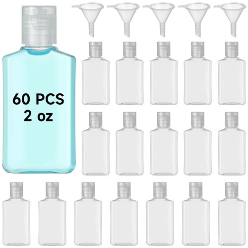 60 Pieces 2 oz Plastic Bottles Clear Travel Bottles with Flip Cap Portable Empty Hand Sanitizer Bottles, Refillable Containers for Travel Business Trip for Shower Gel, Face Creams, Body Lotions