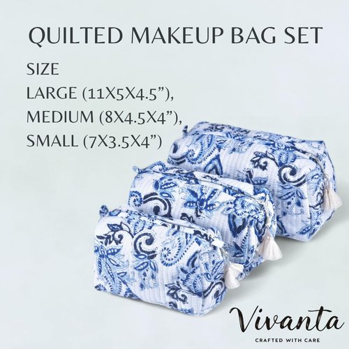 Vivanta Quilted Makeup Bag Set – Indigo Block Print Toiletry Bag for Women, Travel Makeup Organizer, Cosmetic Bags Set of 3 Floral Cotton Pouches, Travel Size Toiletries Kit, Zippered Toiletry Pouch