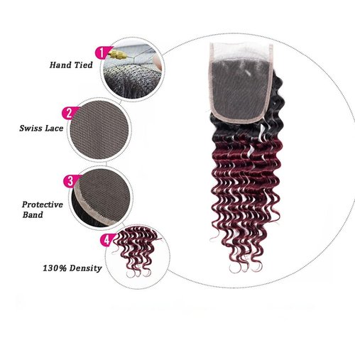 1B/99j Red Deep Wave Black Burgundy Curly Closure Human Hair 4x4 HD Transparent Lace 20 Inch High Density Brazilian Unprocessed Virgin Hair Wet And Wavy For Woman