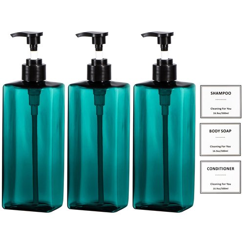Plastic Shampoo and Conditioner Dispenser, Yeeco Refillable Pump Bottles Blue Shampoo Dispenser 16.9oz/500ml Shampoo Bottles with Pump 3 Packs for Bathroom, Kitchen, Hotel - Lake Blue