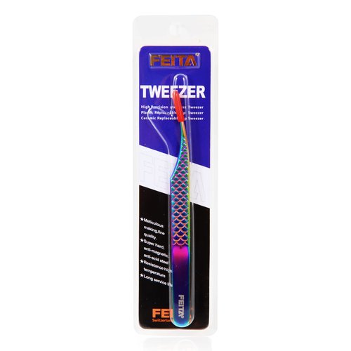 FEITA Diamond Grip Eyelash Extensions Tweezer Lash Precision Tweezers, Japanese Steel Dolphin-shaped Tip, False Lashes Application Tools, Multi-color 1Pc