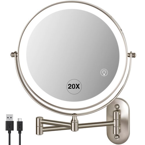 VORREMIRR 20X Magnifying Mirror with Light: 8.5 Inch Lighted Makeup Mirror, Wall Mount, 360 Rotation, Touch Screen, Rechargeable, Brushed Nickel