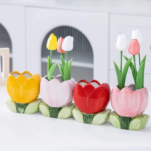 ESIW Ceramic Tulip Cosmetic Storage Box, Desktop Organizers Make Up Brush Storage Stand Desktop Storage Box for Brush,Pencil,Art Supplies, Painting Brush (Pink+Purple+Red+Yellow)