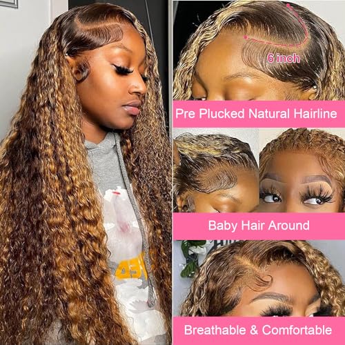 30 Inch 13x6 Deep Wave Lace Front Wigs Human Hair Pre Plucked 4/27 Highlight Ombre Colored Glueless Wigs Water Wave Honey Blonde Lace Frontal Wigs Human for Black Women with Baby Hair