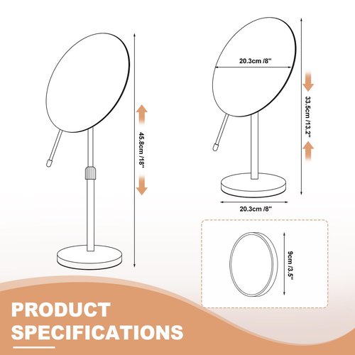 FFowcye 8" HD Vanity Mirror with Swivel & Adjustable Height (13-18"), Bonus 10X Magnifying Suction Cup Makeup Mirror for Precision Grooming & Shaving, Chrome Finish for Tabletop & Bedroom（No Light）