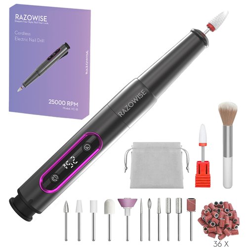 RAZOWISE Nail Drill Electric File: Professional for Acrylic Gel Powder Nails Portable Nail Drill for Manicure Pedicure Nail Efile 5 Speeds 12 in 1 with LED Display Rechargeable, Grey