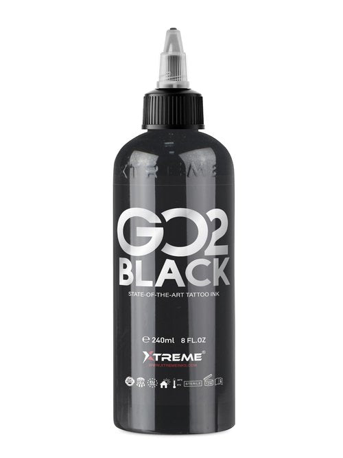 Xtreme GO2 Black Tattoo Ink, Intense Darkness for Bold Fillings - Highly Concentrated Black Ink, Smooth Application, Sterile, and Vegan - Crafted for Quality and Safety (GO2, 8 oz)