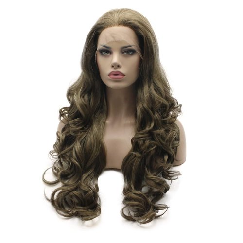 Lushy Hair Wavy Long 24inch Ash Brown Blonde Mix Wig Heat Resistant Heavy Density Realistic Synthetic Lace Front Wig