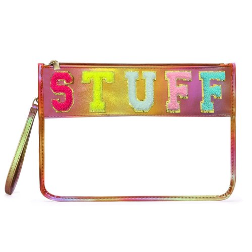 Cawvox Clear Stuff Bag for Travel,Chenille Letter Sewn On Zipper Pouch, PVC&PU Leather Cosmetic Bags,Sunscreen Bag, Toiletry Bag, Water-proof Makeup Bag For Women and Friend, Gym,Beach (Colorful)
