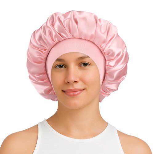 Silk Satin Bonnet for Sleeping Women, Double Layer Silk Satin Sleep Cap with Elastic Band for Natural Curly Hair(1Pcs,Pink)