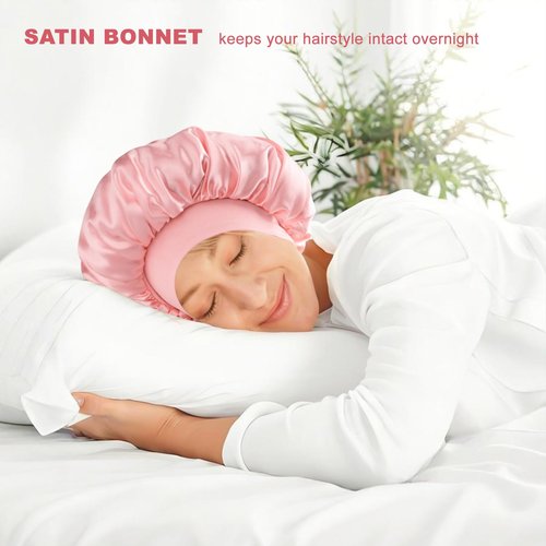 Silk Satin Bonnet for Sleeping Women, Double Layer Silk Satin Sleep Cap with Elastic Band for Natural Curly Hair(1Pcs,Pink)