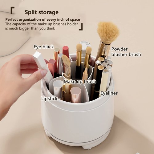 LtyTz Cute Makeup Brush Holder Organizer with Lid, Rotating Dustproof Make Up Brushes Container with Clear Acrylic Cover for Vanity Desktop Bathroom Countertop