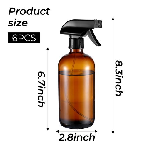 Pafeooui 6 Pack Amber Glass Spray Bottles, Refillable 16 oz Empty Bottle with Durable Adjustable Nozzles for Cleaning Solution, Spray Bottles for Hair, Plants, Cleaner, Essential Oil