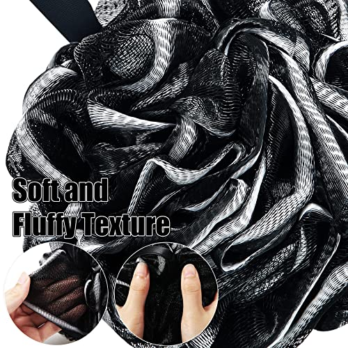 Shellwei 32 Pcs Bath Sponge Shower Loofahs Bulk 60 g Charcoal Body Shower Sponge Large Mesh Puff Soft Scrubber for Men and Women Exfoliating Pouf Balls with Bathing Accessories(Black White)