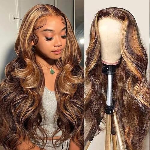 Transparent 13x6 HD Lace Front Wigs for Black Women Body Wave Ombre Highlight Brown with Honey Blonde Color 180% Density Pre Plucked Hailine and Bleached Knots (26Inch, 13x6 Lace Front Wig)