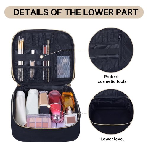 TANPADUAJI Double Layer Makeup Bag Portable Large Cosmetic Case Organizer with Adjustable Dividers Storage Travel Bag for Accessories Brushes Conditioner and Skin Care Products (Black)